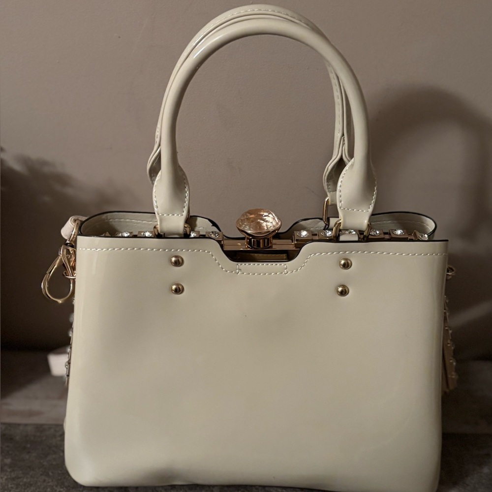 Ivory Structured Satchel with Gold Accents